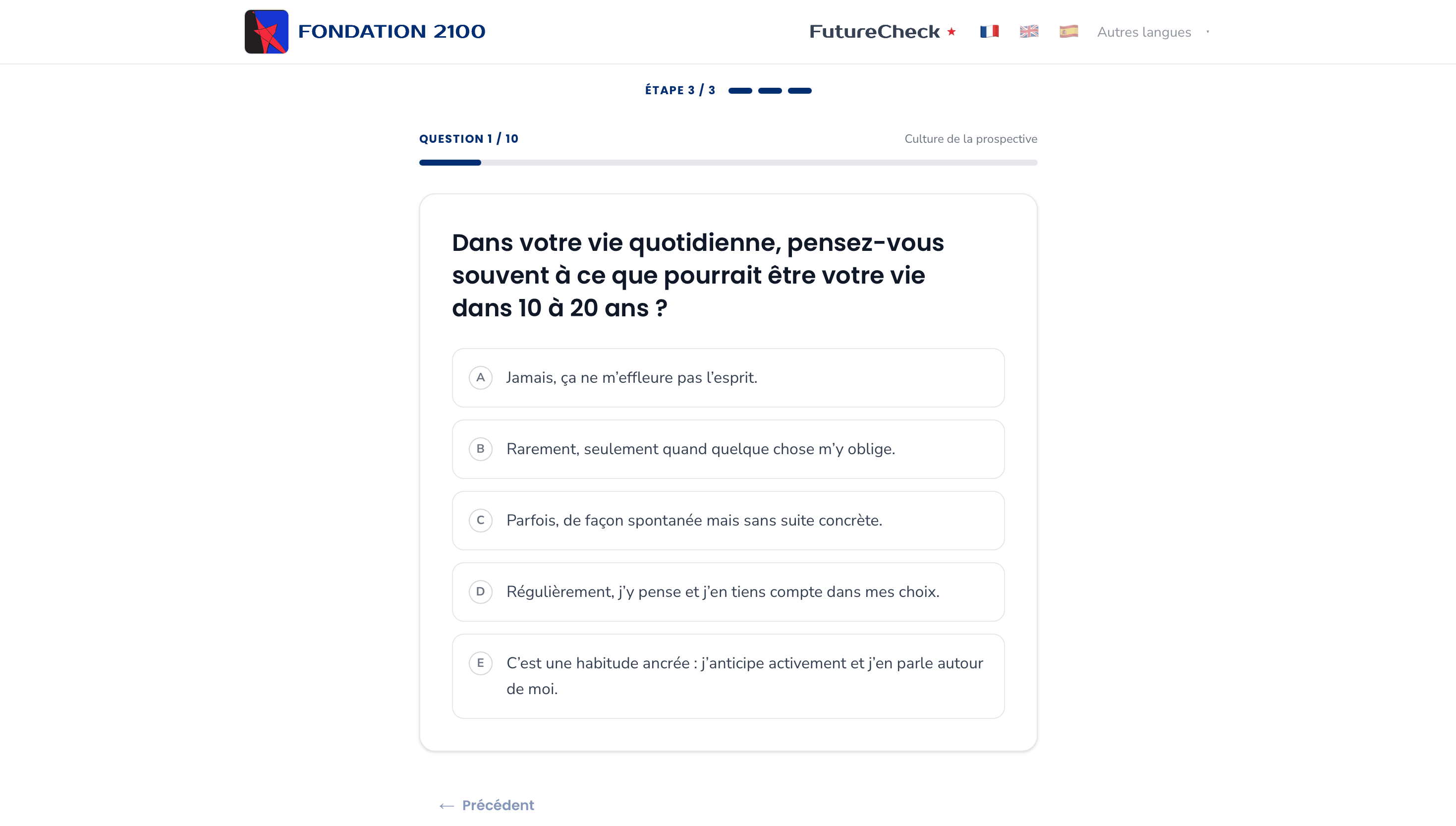 One of the ten questionnaire questions, with five multiple-choice answers and a progress bar